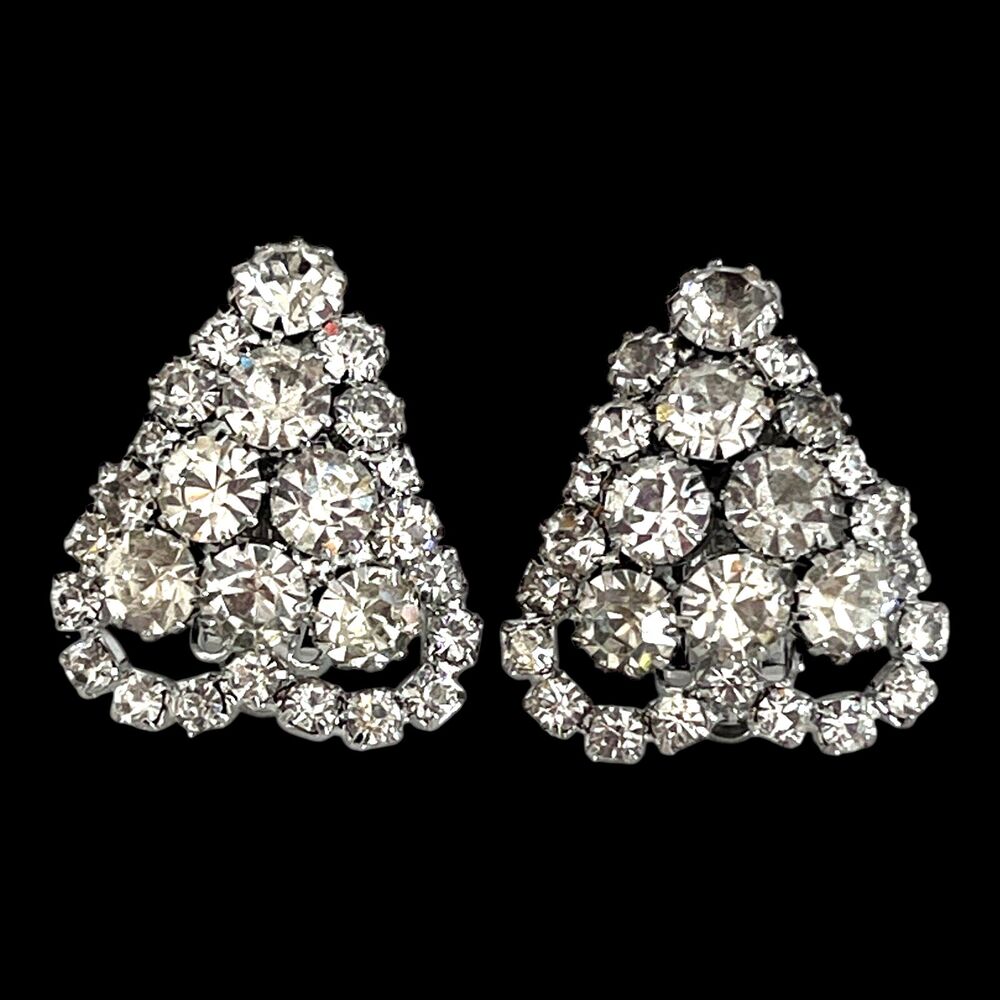 Vintage 1960s Clip On Earrings Silver Tone Clear Rhinestone Cluster - 13P